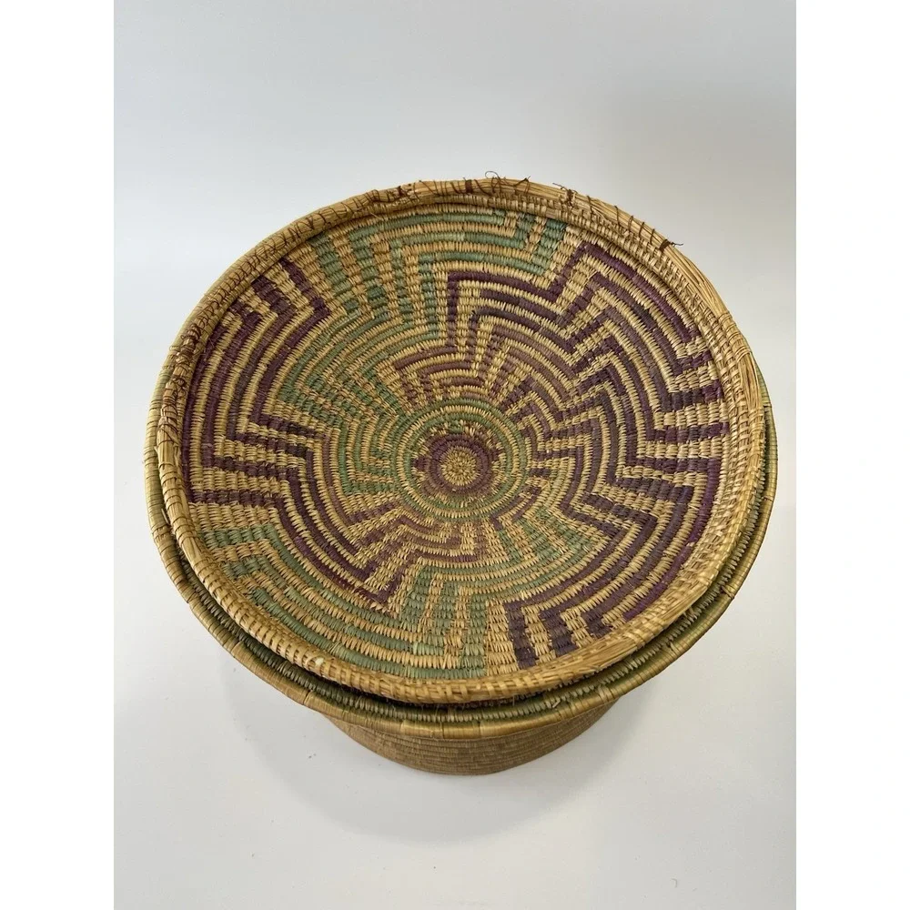 Vintage African Style Handwoven Coil Lidded Basket W/ Colorful Interior Design